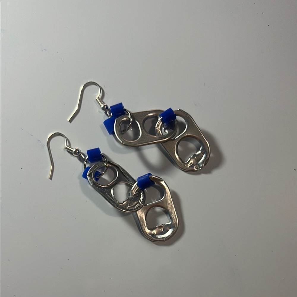 Silver bottle tabs with blue beads handmade earrings